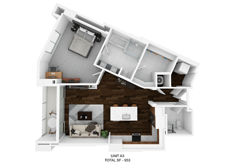 a stylized floor plan with a bedroom and a bathroom